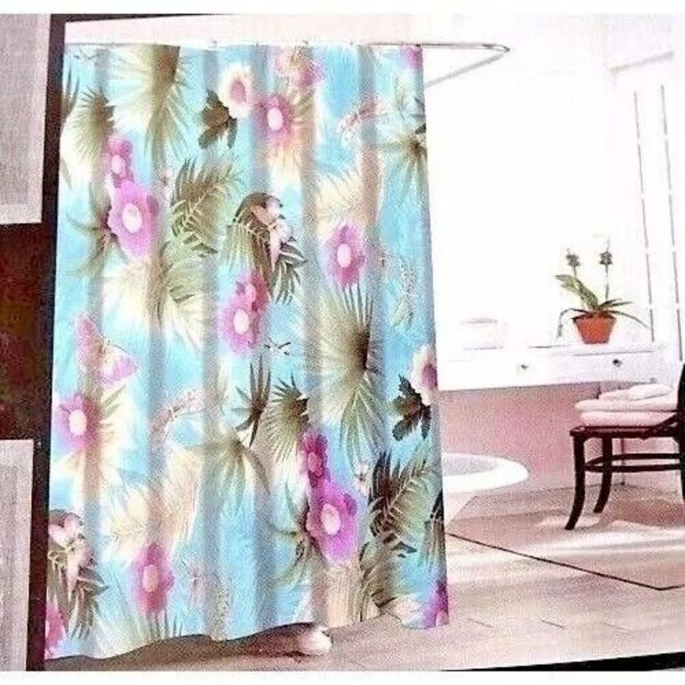Tropical Floral Butterfly Shower Curtain and 12 Metal Hooks Polyester Bath NEW